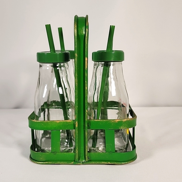 4 piece set of glass Milk bottles with carrying metal rack with handle - Picture 2 of 16